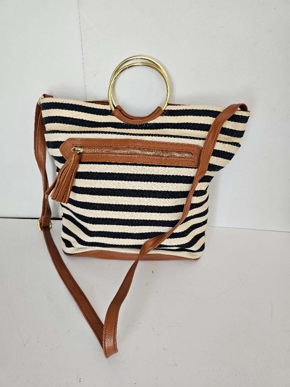 Tommy Hilfiger Bag Stripes Canvas Faux Leather Preppy Summer